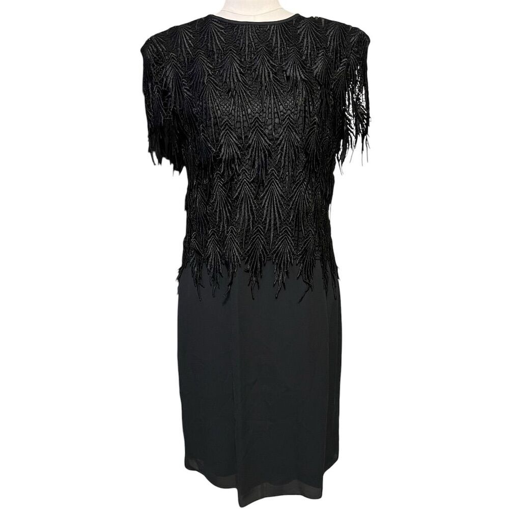 Vintage 80s Night Way Black Fringe Lace Knee Length Party Dress M